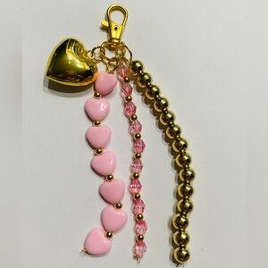 Gold and Pink Heart Bag Charm |  Heart Keychain